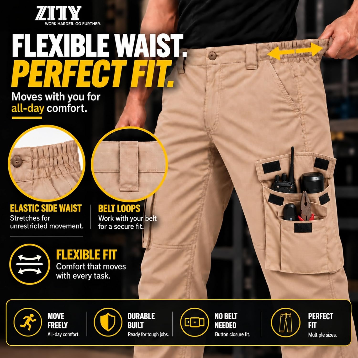 image:imageZITY Mens Work Pants 10Pocket Ripstop WaterResistant Cargo PantsLight Khaki