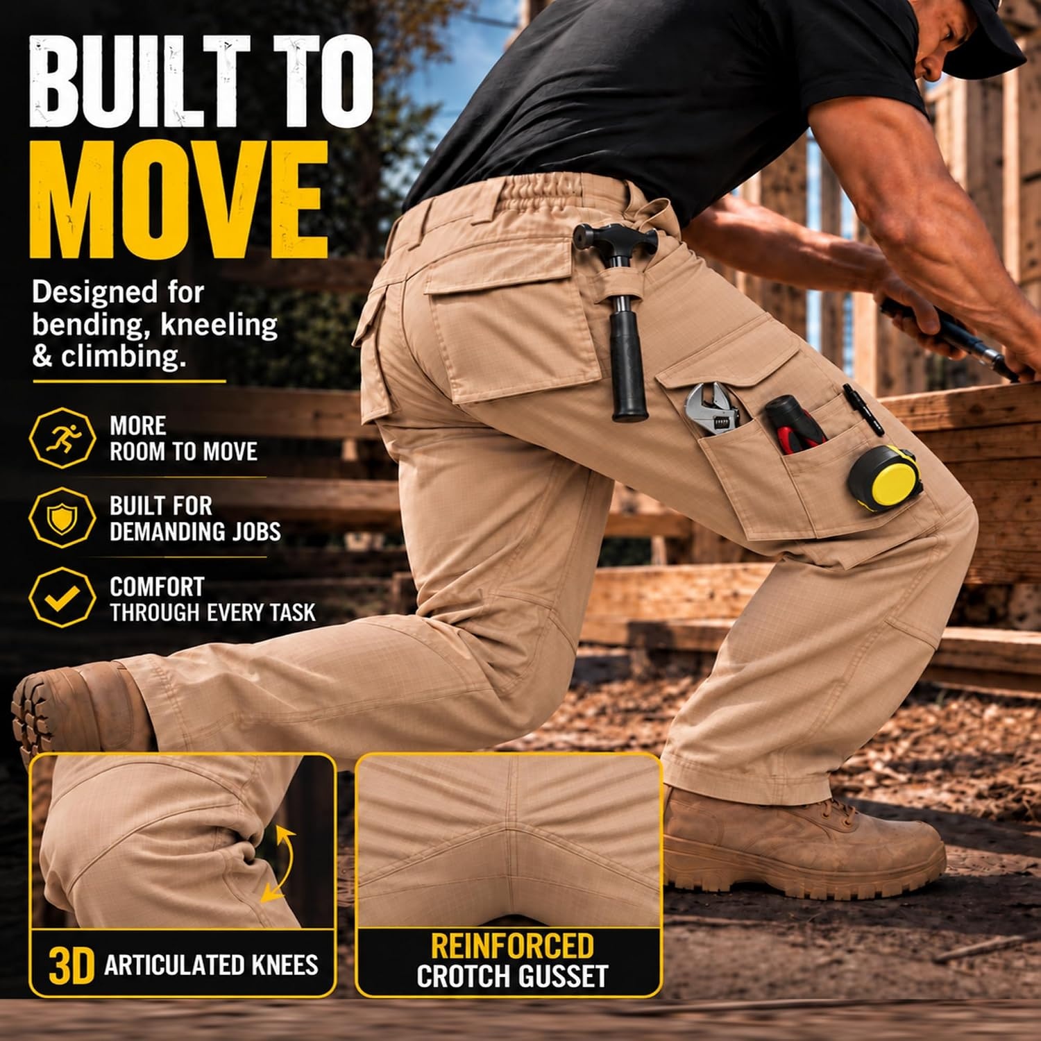 image:imageZITY Mens Work Pants 10Pocket Ripstop WaterResistant Cargo PantsLight Khaki