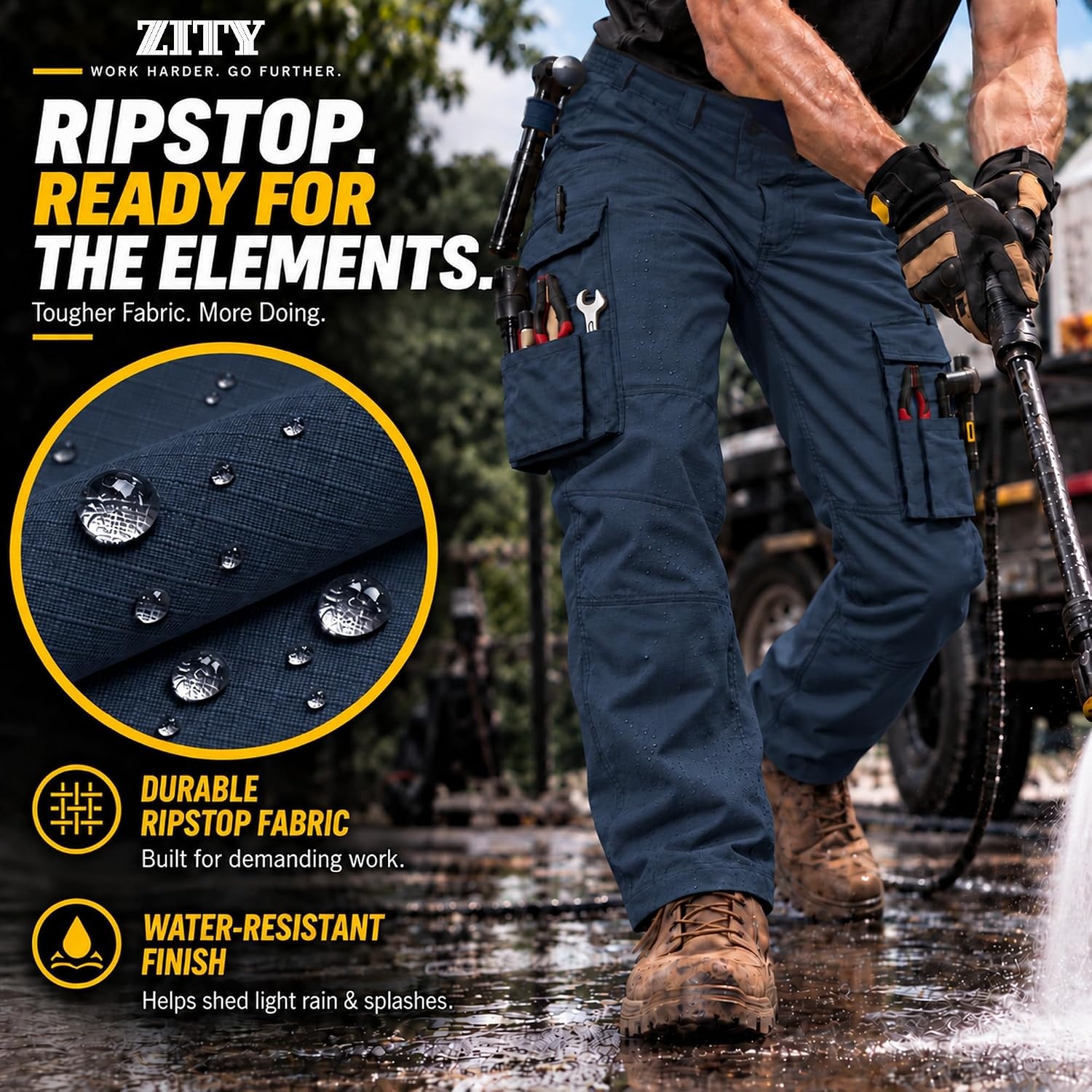 image:imageZITY Mens Work Pants 10Pocket Ripstop WaterResistant Cargo PantsNavy