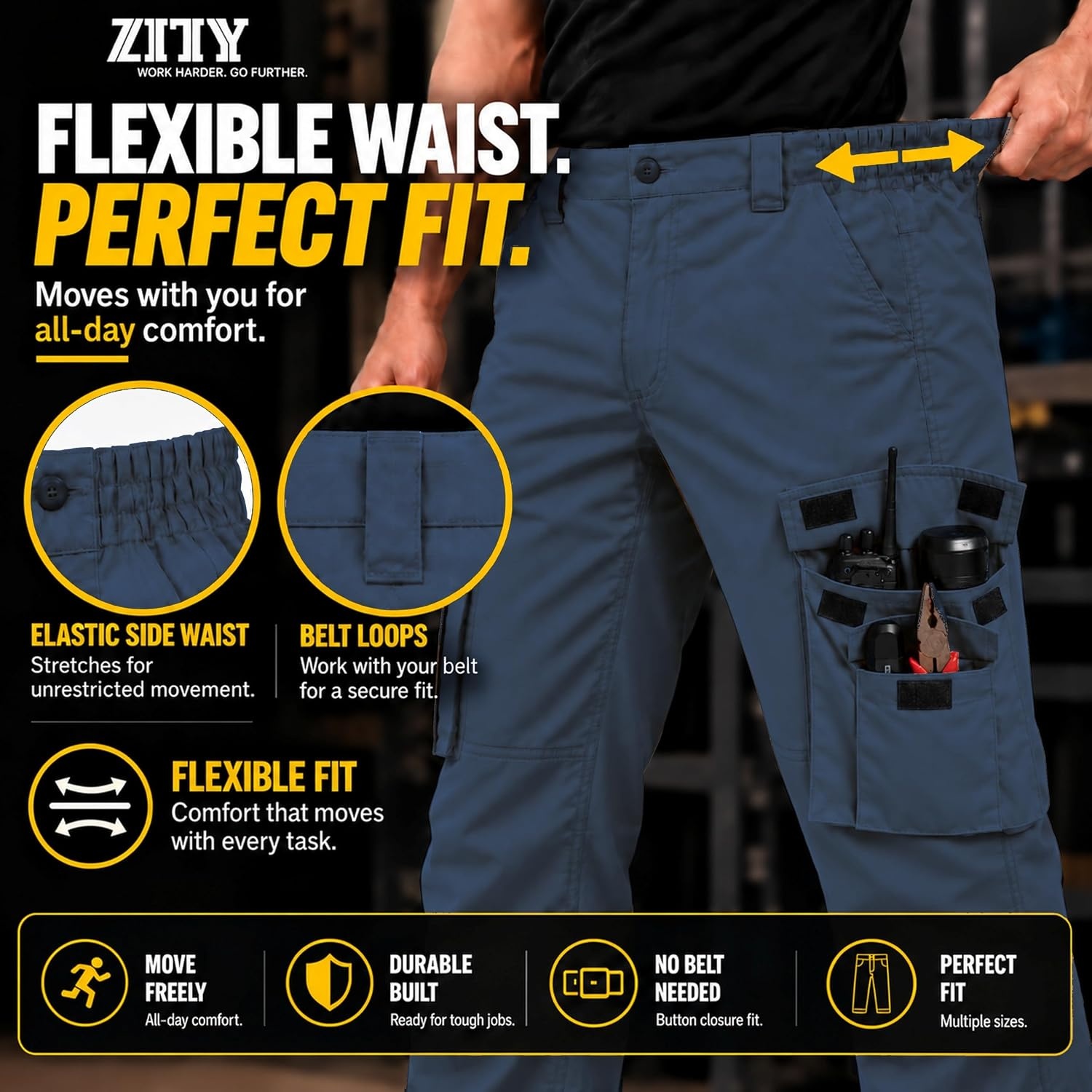 image:imageZITY Mens Work Pants 10Pocket Ripstop WaterResistant Cargo PantsNavy