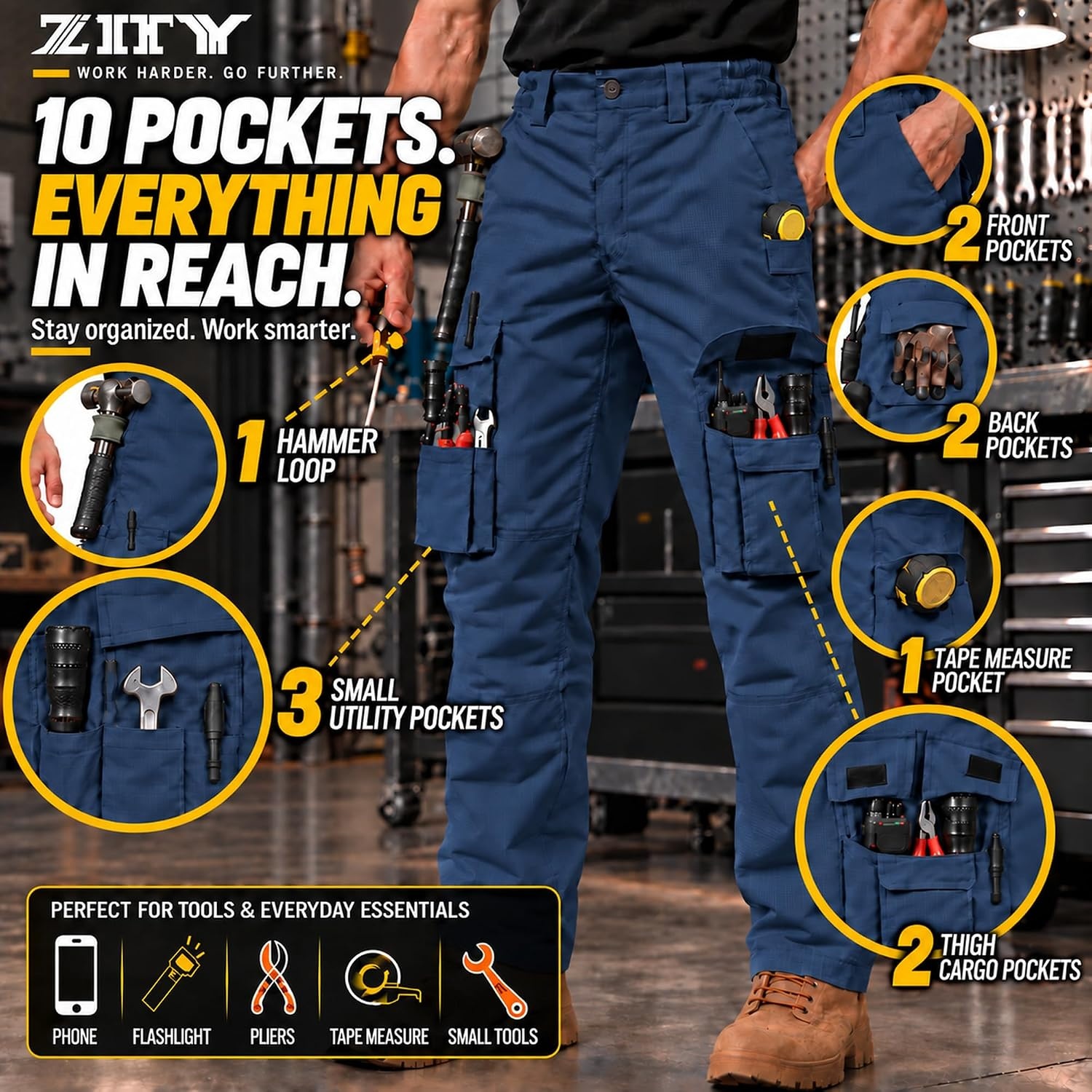 image:imageZITY Mens Work Pants 10Pocket Ripstop WaterResistant Cargo PantsNavy