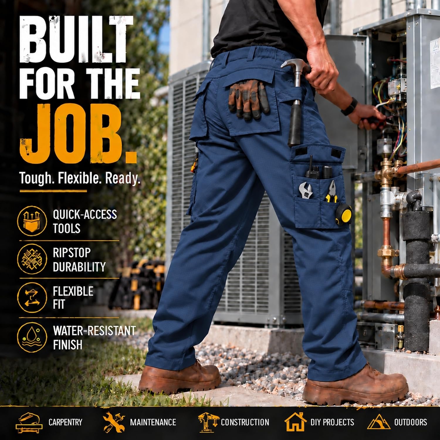 image:imageZITY Mens Work Pants 10Pocket Ripstop WaterResistant Cargo PantsNavy