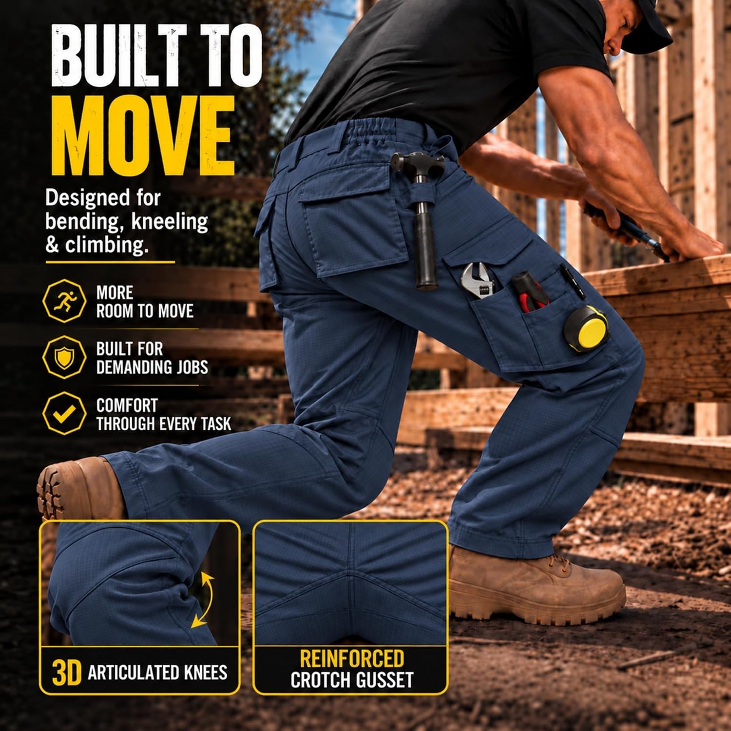 image:imageZITY Mens Work Pants 10Pocket Ripstop WaterResistant Cargo PantsNavy