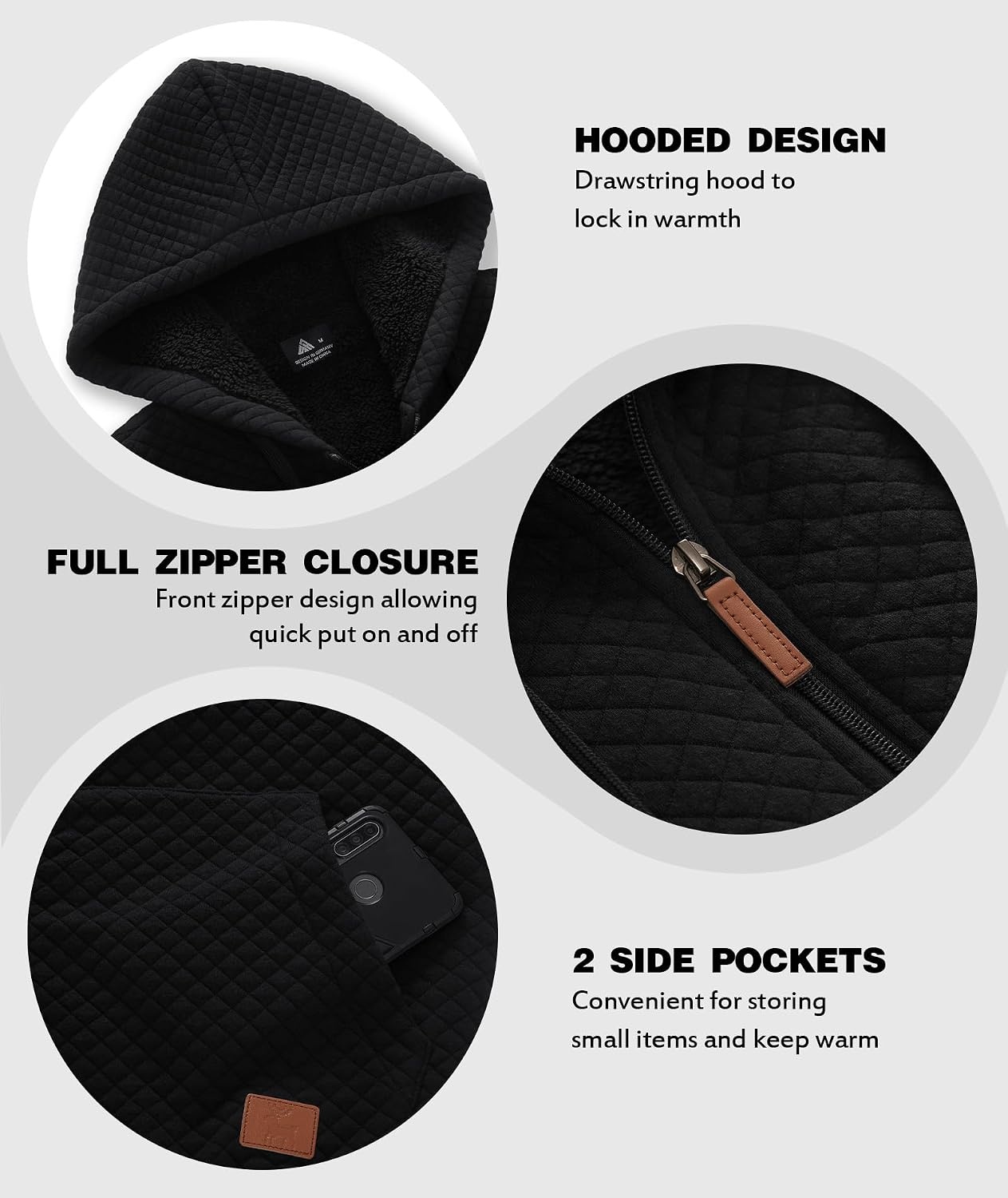 image:imageZITY Mens Zip Up Hoodie Fleece Sherpa Lined Jacket Waffle Knit SweatshirtCarbon Black