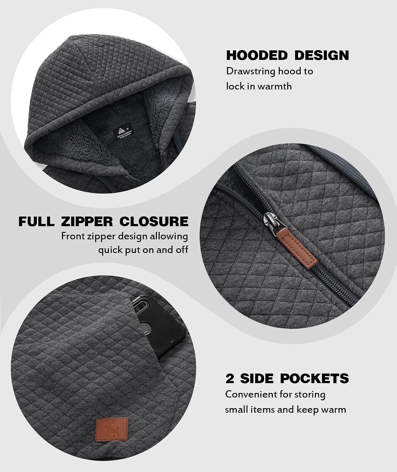 image:imageZITY Mens Zip Up Hoodie Fleece Sherpa Lined Jacket Waffle Knit SweatshirtDark Grey