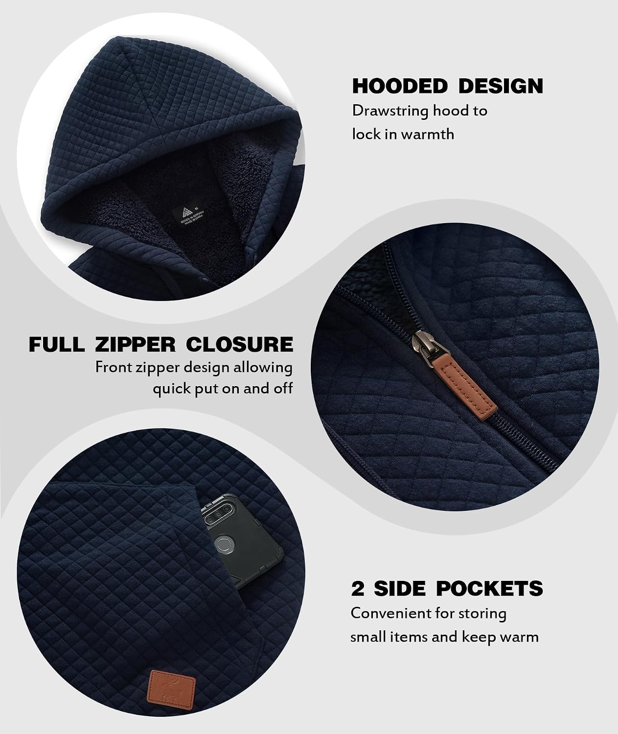 image:imageZITY Mens Zip Up Hoodie Fleece Sherpa Lined Jacket Waffle Knit SweatshirtDark Navy