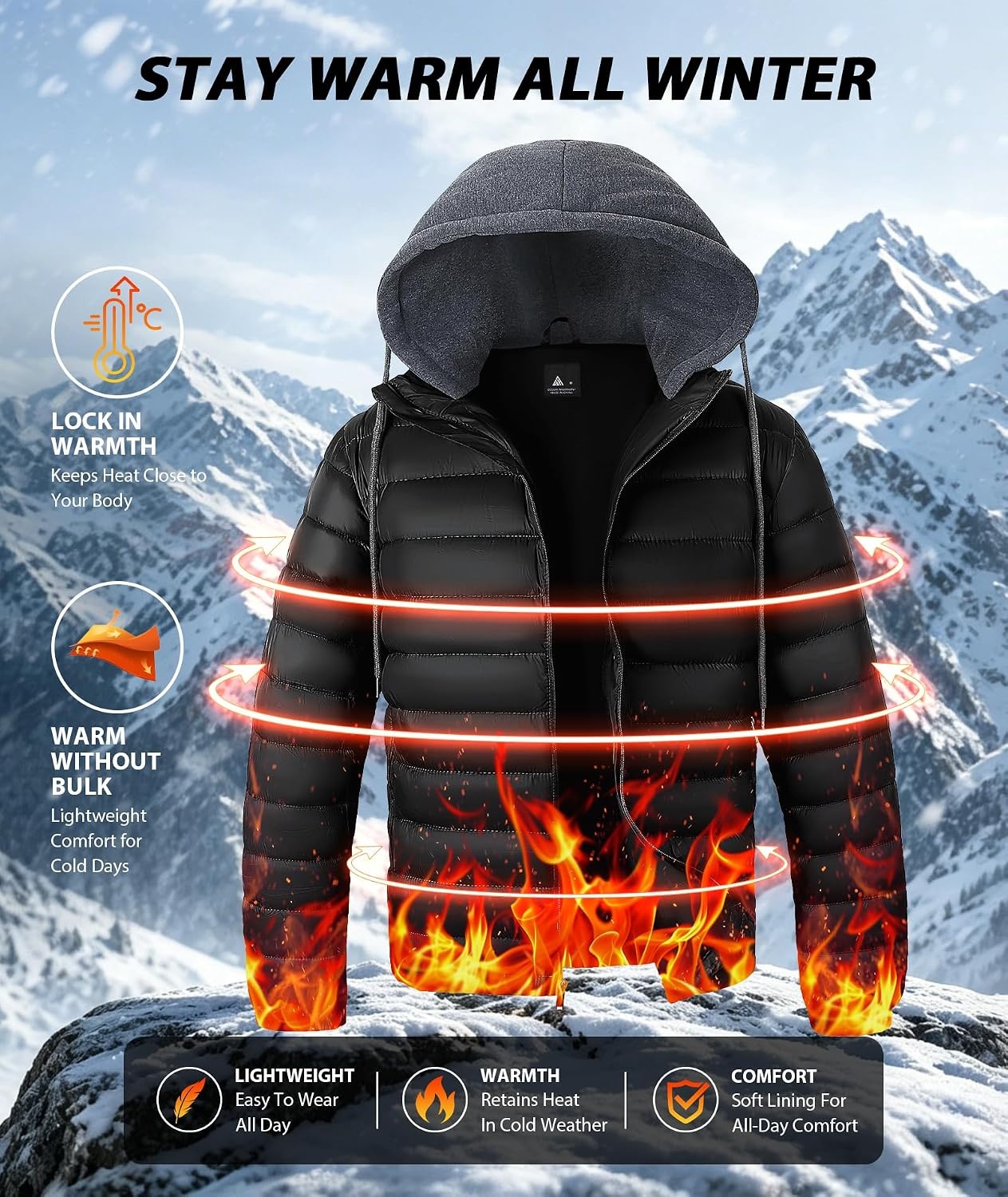 image:imageZITY Puffer Jacket Men Lightweight Winter Coat Hooded Puffy Warm JacketBlack