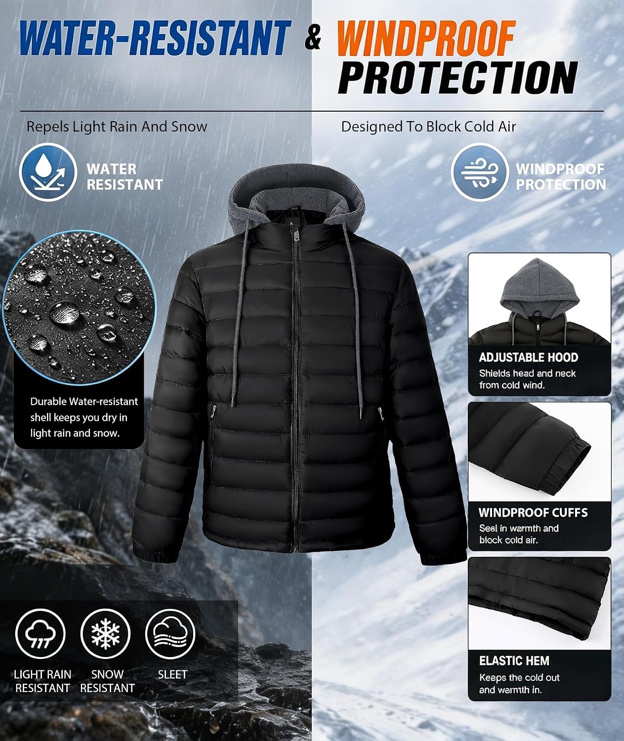 image:imageZITY Puffer Jacket Men Lightweight Winter Coat Hooded Puffy Warm JacketBlack