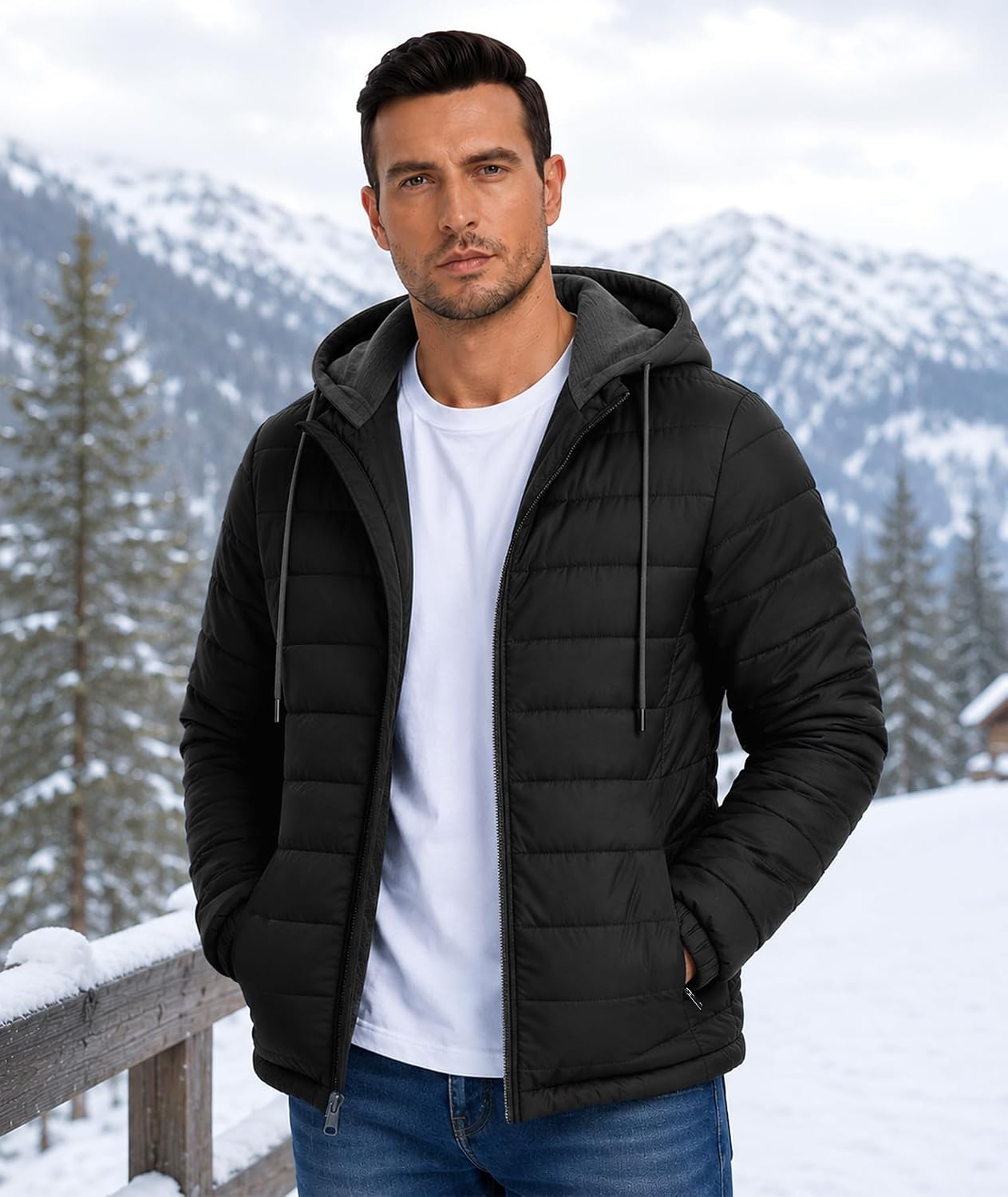 image:imageZITY Puffer Jacket Men Lightweight Winter Coat Hooded Puffy Warm JacketBlack