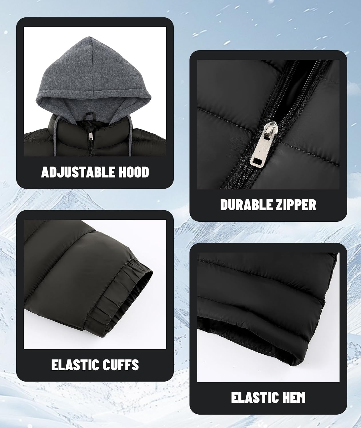 image:imageZITY Puffer Jacket Men Lightweight Winter Coat Hooded Puffy Warm JacketBlack Grey