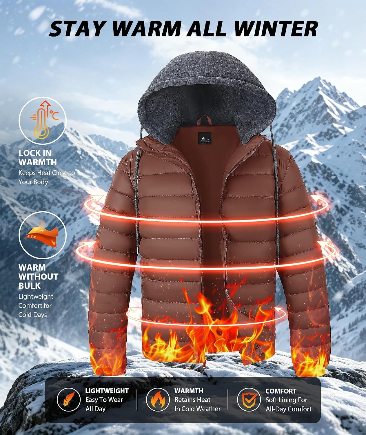 image:imageZITY Puffer Jacket Men Lightweight Winter Coat Hooded Puffy Warm JacketBrown