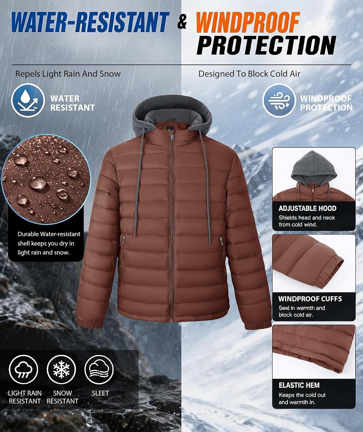 image:imageZITY Puffer Jacket Men Lightweight Winter Coat Hooded Puffy Warm JacketBrown