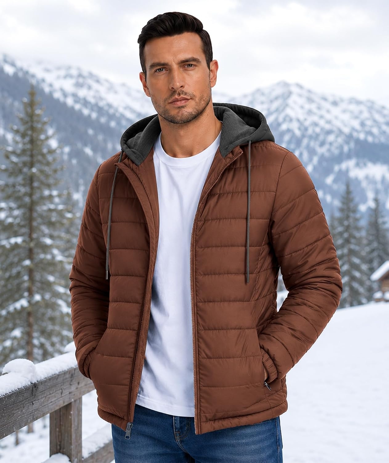 image:imageZITY Puffer Jacket Men Lightweight Winter Coat Hooded Puffy Warm JacketBrown