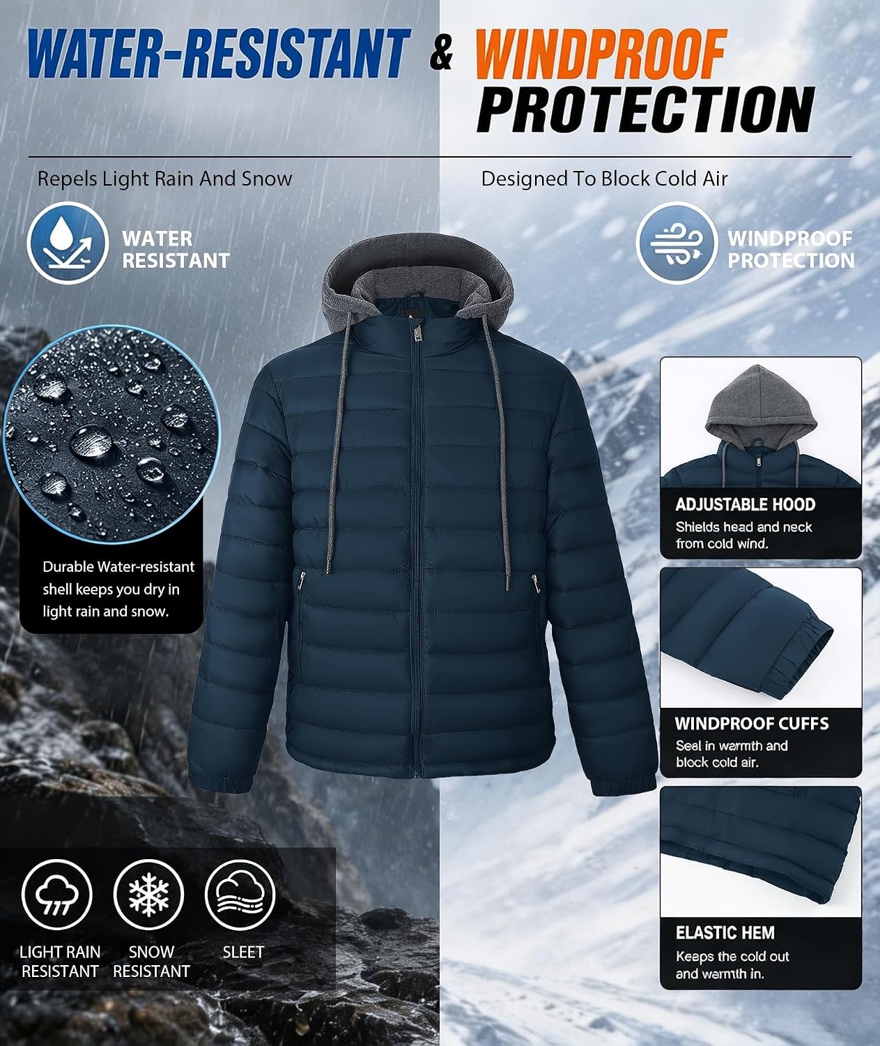 image:imageZITY Puffer Jacket Men Lightweight Winter Coat Hooded Puffy Warm JacketDark Blue