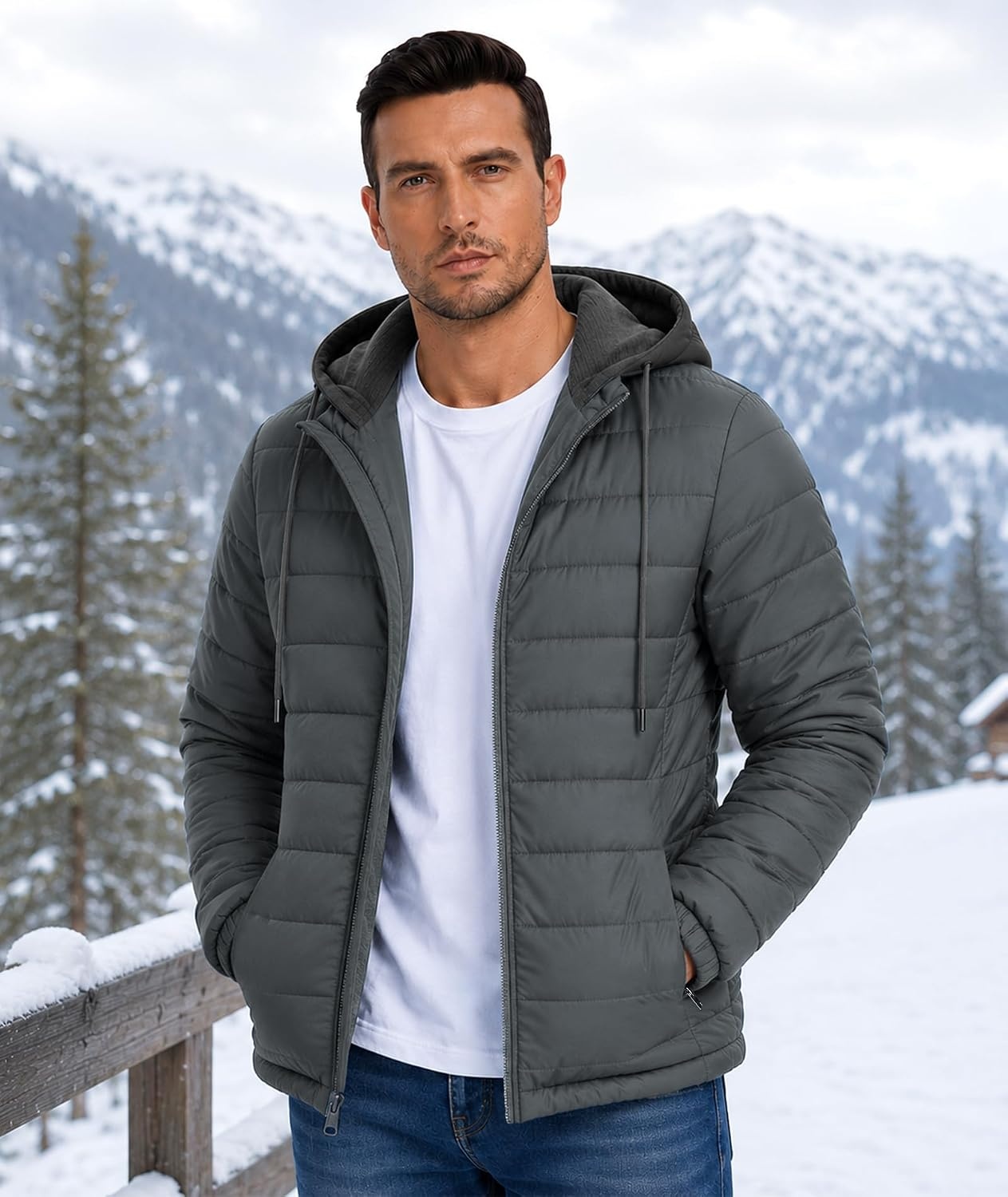 image:imageZITY Puffer Jacket Men Lightweight Winter Coat Hooded Puffy Warm JacketDark Grey