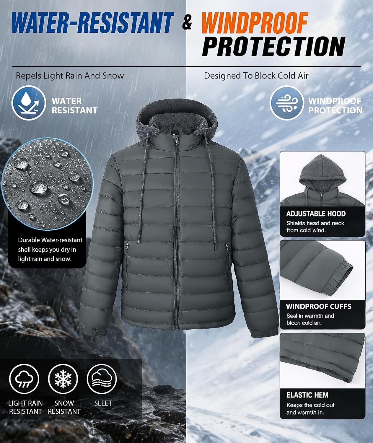image:imageZITY Puffer Jacket Men Lightweight Winter Coat Hooded Puffy Warm JacketDark Grey