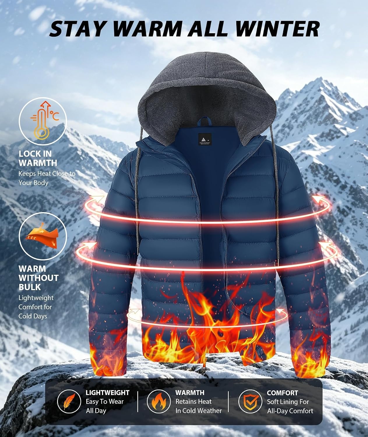 image:imageZITY Puffer Jacket Men Lightweight Winter Coat Hooded Puffy Warm JacketNavy Blue