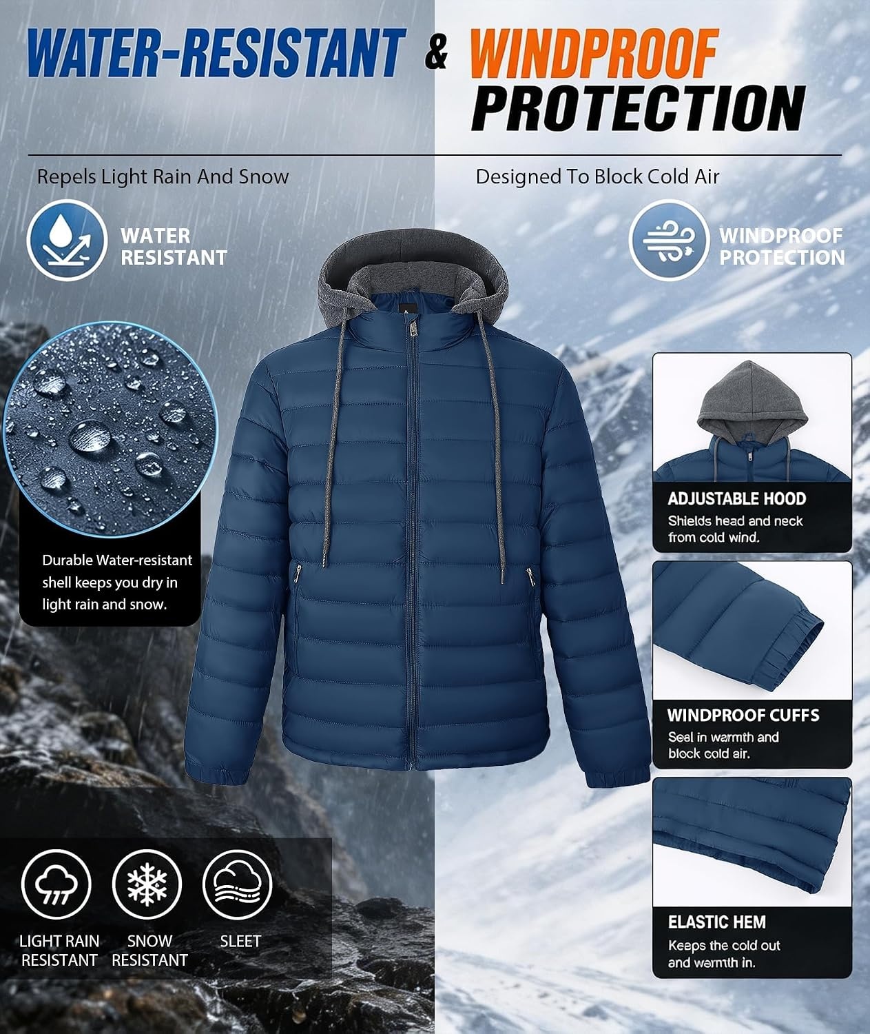 image:imageZITY Puffer Jacket Men Lightweight Winter Coat Hooded Puffy Warm JacketNavy Blue