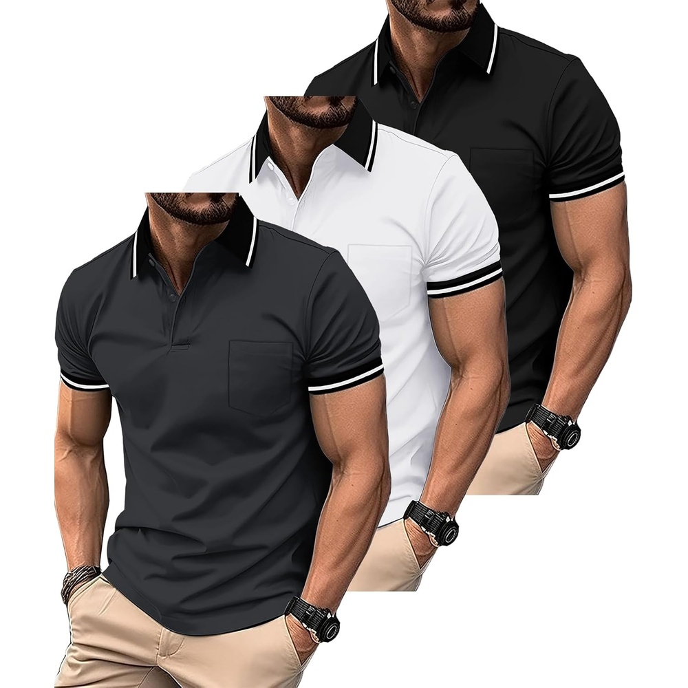 image:imageZITY 3 Pack Men Polo Shirts Short Sleeve Athletic Golf Polos with PocketBlack White Grey
