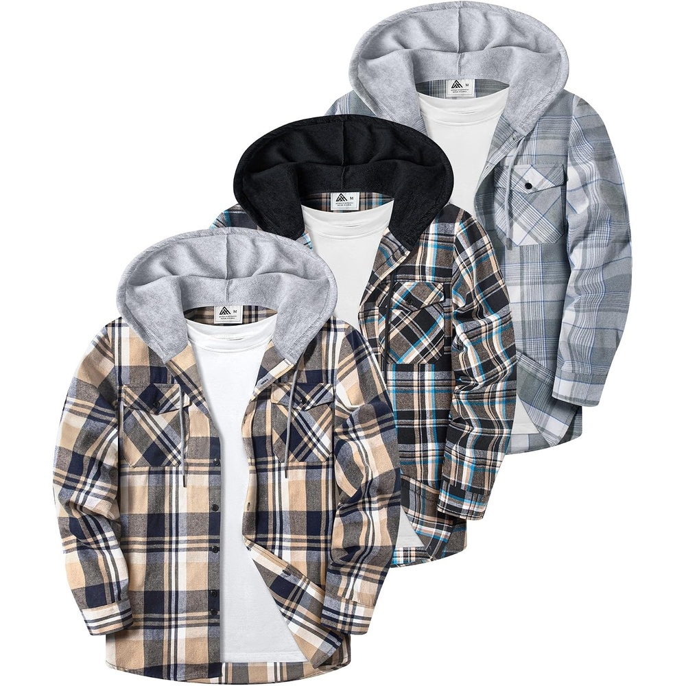 image:imageZITY 3 Pack Mens Flannel Hoodie Shirts Button Down Plaid Shirt Long SleeveDark Blue Beigedark Blue Brownlight Grey Grid