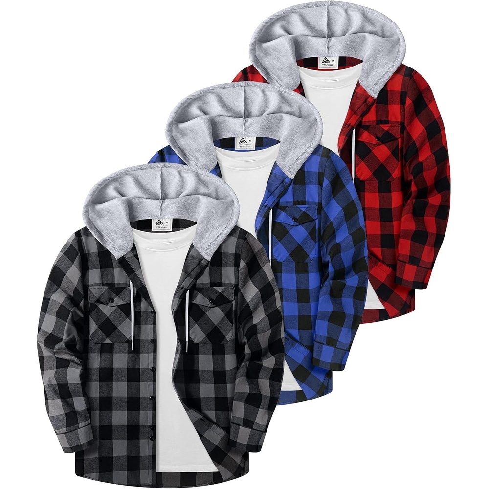 image:imageZITY 3 Pack Mens Flannel Hoodie Shirts Button Down Plaid Shirt Long SleeveDark Graybluered