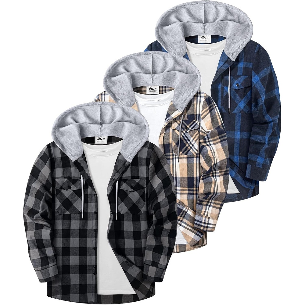 image:imageZITY 3 Pack Mens Flannel Hoodie Shirts Button Down Plaid Shirt Long SleeveDark Graydark Blue Beigenavy Blue