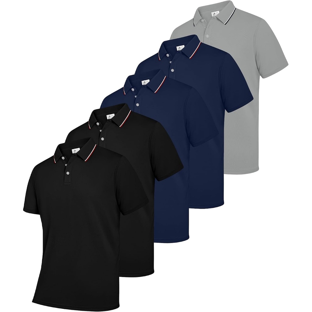 image:imageZITY 5 Pack Mens Polo Shirts Short Sleeve Casual Classic Golf ShirtBlackBlackNavyNavyLight Grey