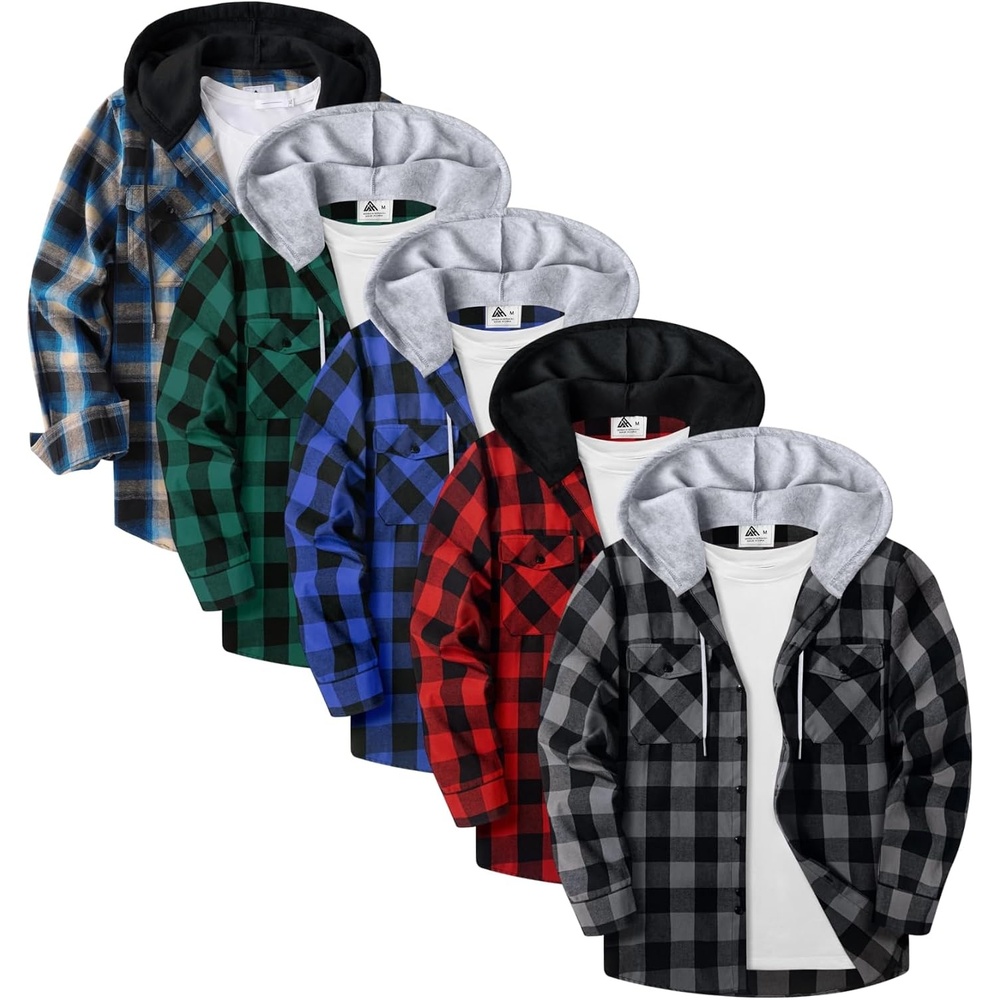 image:imageZITY Beauty 5 Pack Mens Flannel Button Down Shirts Long Sleeve Plaid Hooded Shirts for Men Casual Stylish5 Packz09