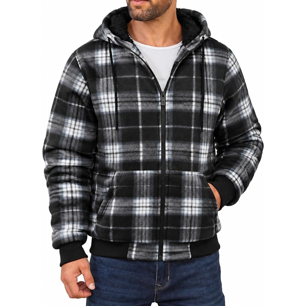 image:imageZITY Hoodies for Men Flannel Fleece Sweatshirt Plaid Full Zip Up Jacket Sherpa Lined Winter Warm CoatBlack