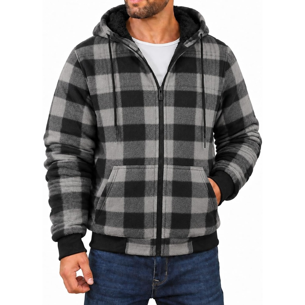 image:imageZITY Hoodies for Men Flannel Fleece Sweatshirt Plaid Full Zip Up Jacket Sherpa Lined Winter Warm CoatGrey