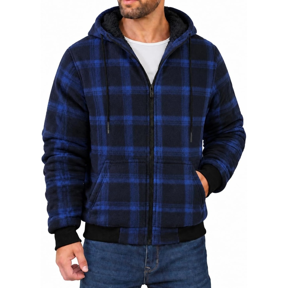 image:imageZITY Hoodies for Men Flannel Fleece Sweatshirt Plaid Full Zip Up Jacket Sherpa Lined Winter Warm CoatNavy