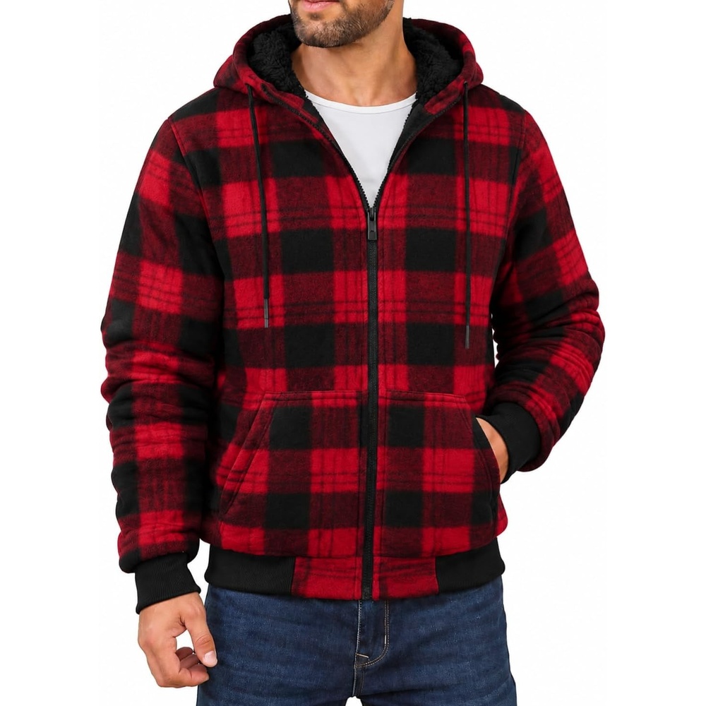 image:imageZITY Hoodies for Men Flannel Fleece Sweatshirt Plaid Full Zip Up Jacket Sherpa Lined Winter Warm CoatRed
