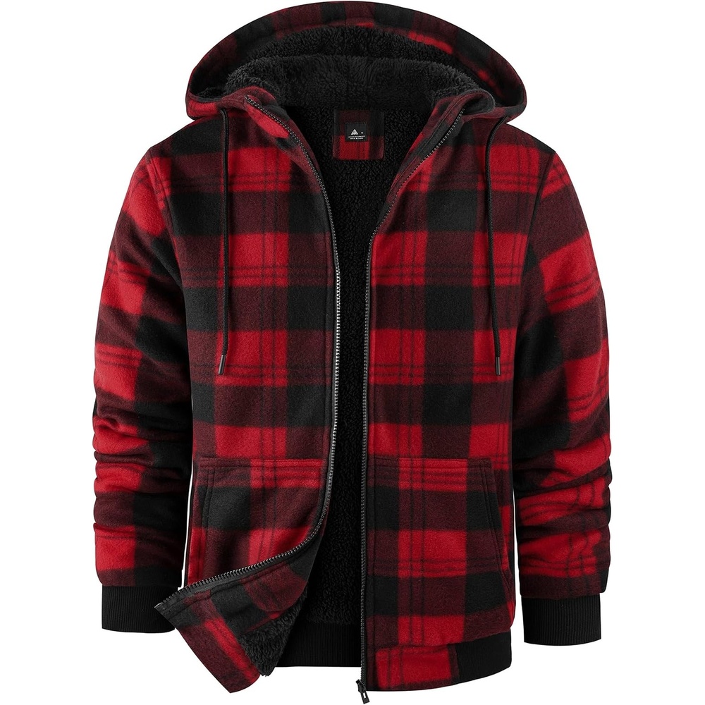 image:imageZITY Hoodies for Men Flannel Fleece Sweatshirt Plaid Zip Sherpa Lined CoatBlack Red