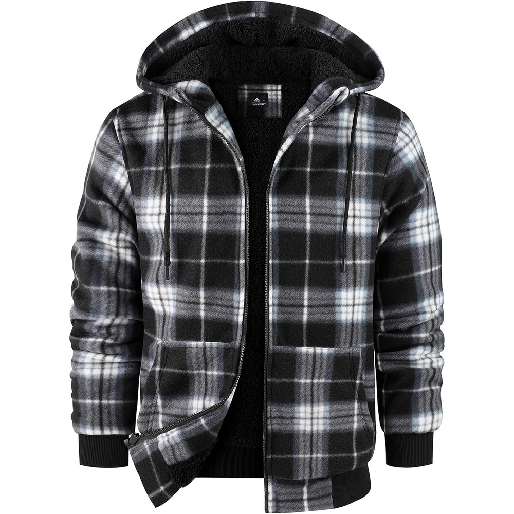 image:imageZITY Hoodies for Men Flannel Fleece Sweatshirt Plaid Zip Sherpa Lined CoatBlack White