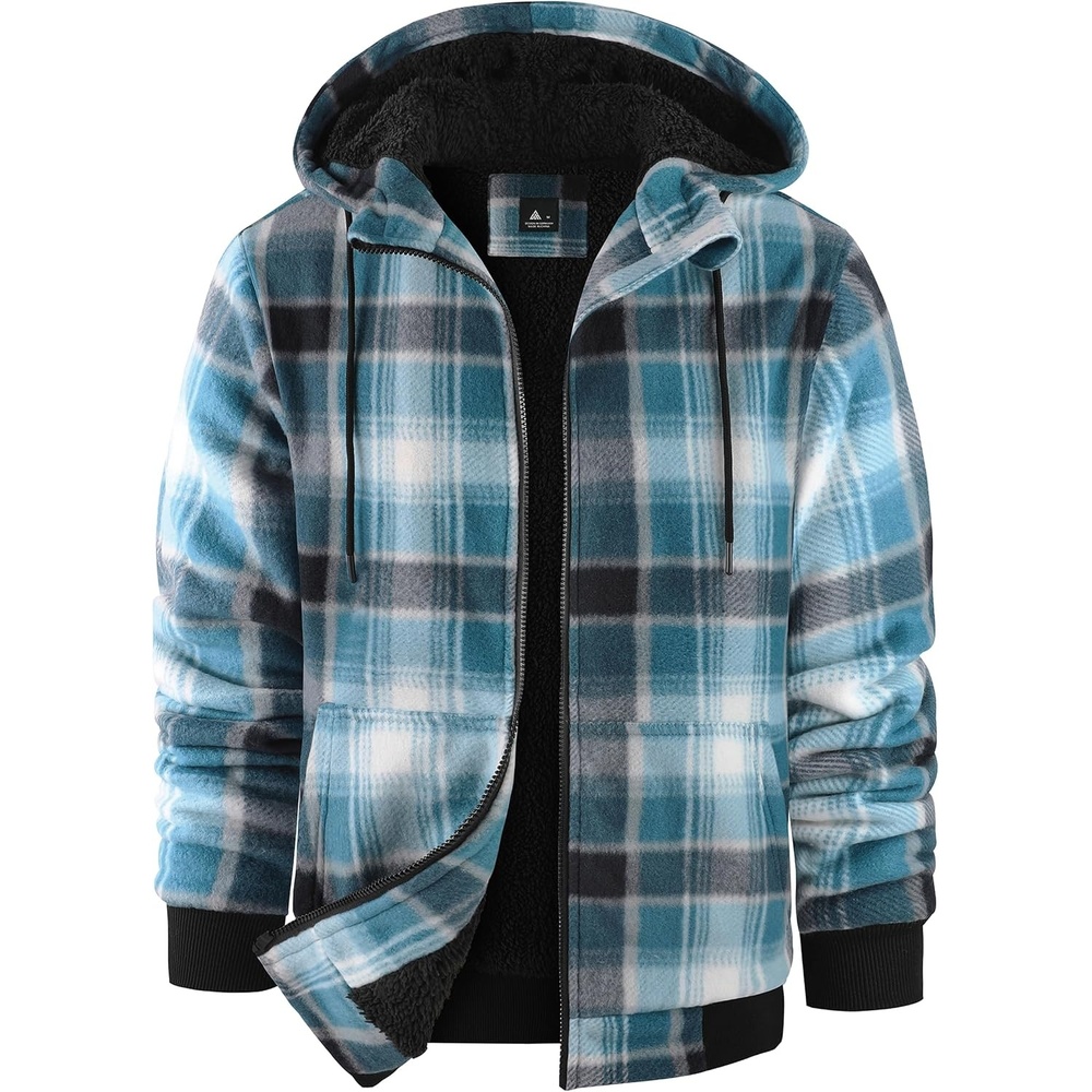 image:imageZITY Hoodies for Men Flannel Fleece Sweatshirt Plaid Zip Sherpa Lined CoatLight Blue White