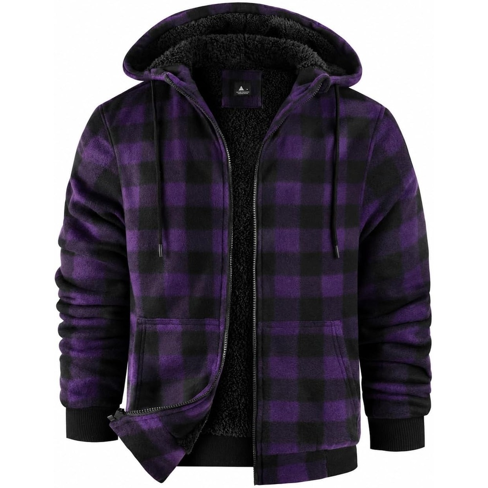 image:imageZITY Hoodies for Men Flannel Fleece Sweatshirt Plaid Zip Sherpa Lined CoatPurple