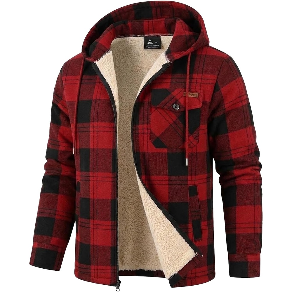image:imageZITY Mens Flannel Jacket Plaid Zip Up Hoodie Fleece Sherpa Lined SweatshirtBlack Red