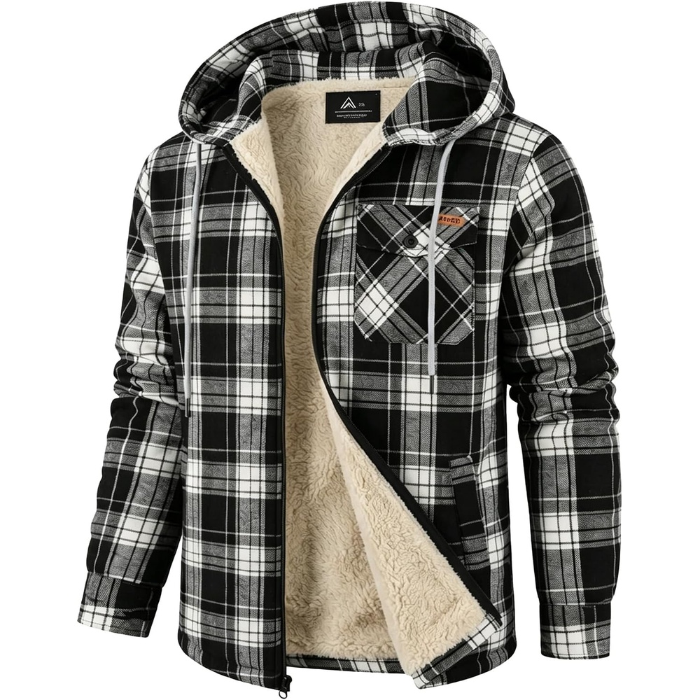 image:imageZITY Mens Flannel Jacket Plaid Zip Up Hoodie Fleece Sherpa Lined SweatshirtBlack White
