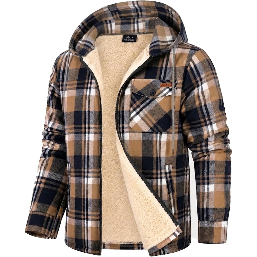 image:imageZITY Mens Flannel Jacket Plaid Zip Up Hoodie Fleece Sherpa Lined SweatshirtDeep Blue Beige