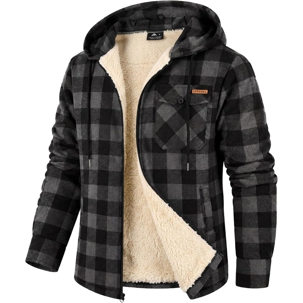 image:imageZITY Mens Flannel Jacket Plaid Zip Up Hoodie Fleece Sherpa Lined SweatshirtDeep Grey