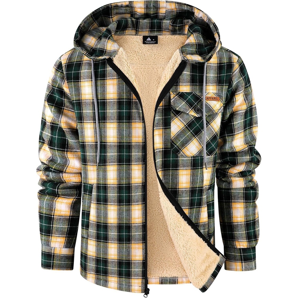 image:imageZITY Mens Flannel Jacket Plaid Zip Up Hoodie Fleece Sherpa Lined SweatshirtGreen Beige
