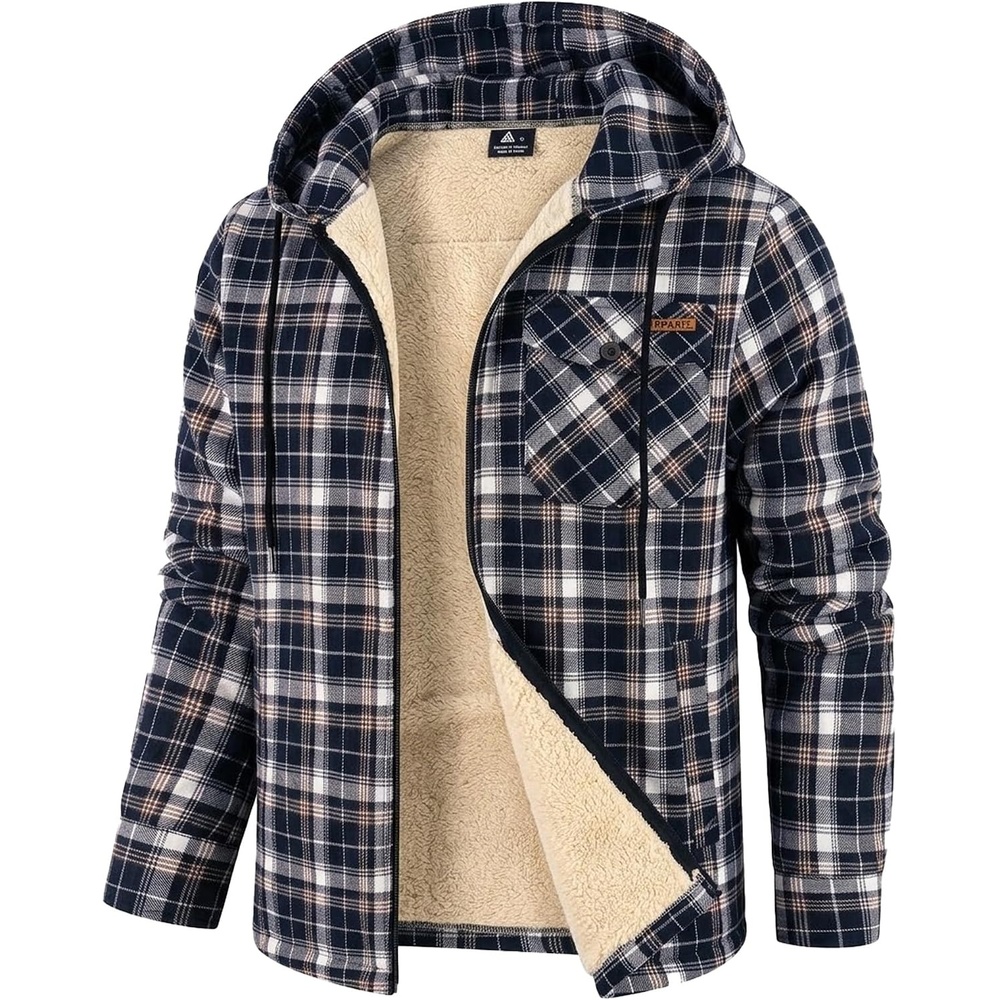 image:imageZITY Mens Flannel Jacket Plaid Zip Up Hoodie Fleece Sherpa Lined SweatshirtNavy White