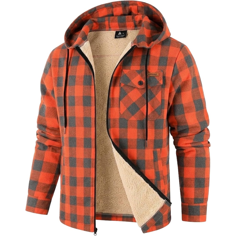 image:imageZITY Mens Flannel Jacket Plaid Zip Up Hoodie Fleece Sherpa Lined SweatshirtOrange
