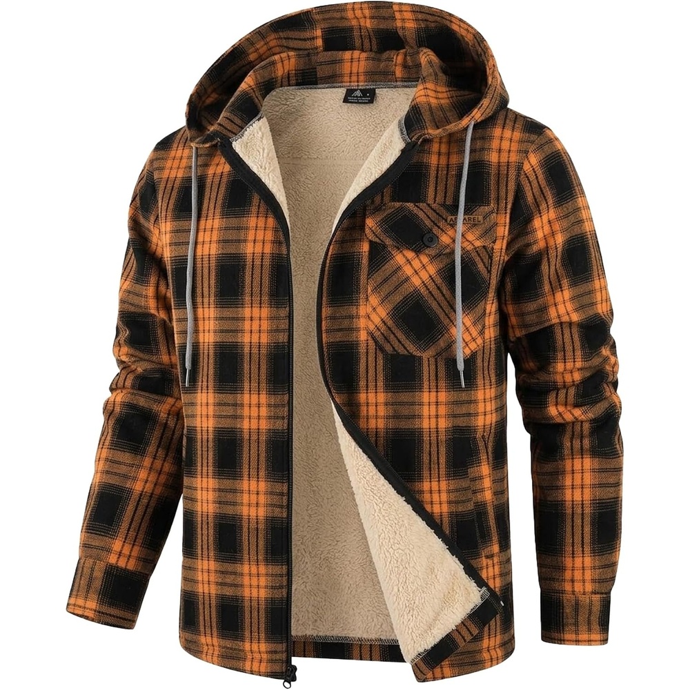 image:imageZITY Mens Flannel Jacket Plaid Zip Up Hoodie Fleece Sherpa Lined SweatshirtOrange Black