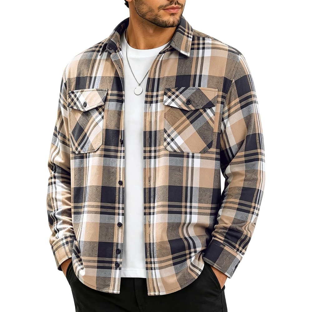 image:imageZITY Mens Flannel Shirt Long Sleeve Plaid Shirt with Pocket ShirtsOne Beige