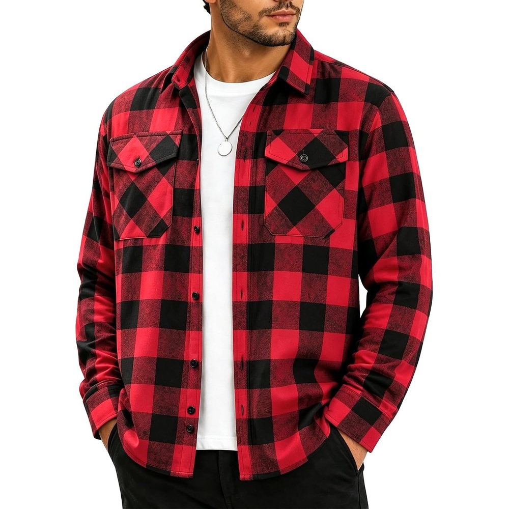 image:imageZITY Mens Flannel Shirt Long Sleeve Plaid Shirt with Pocket ShirtsOne Red
