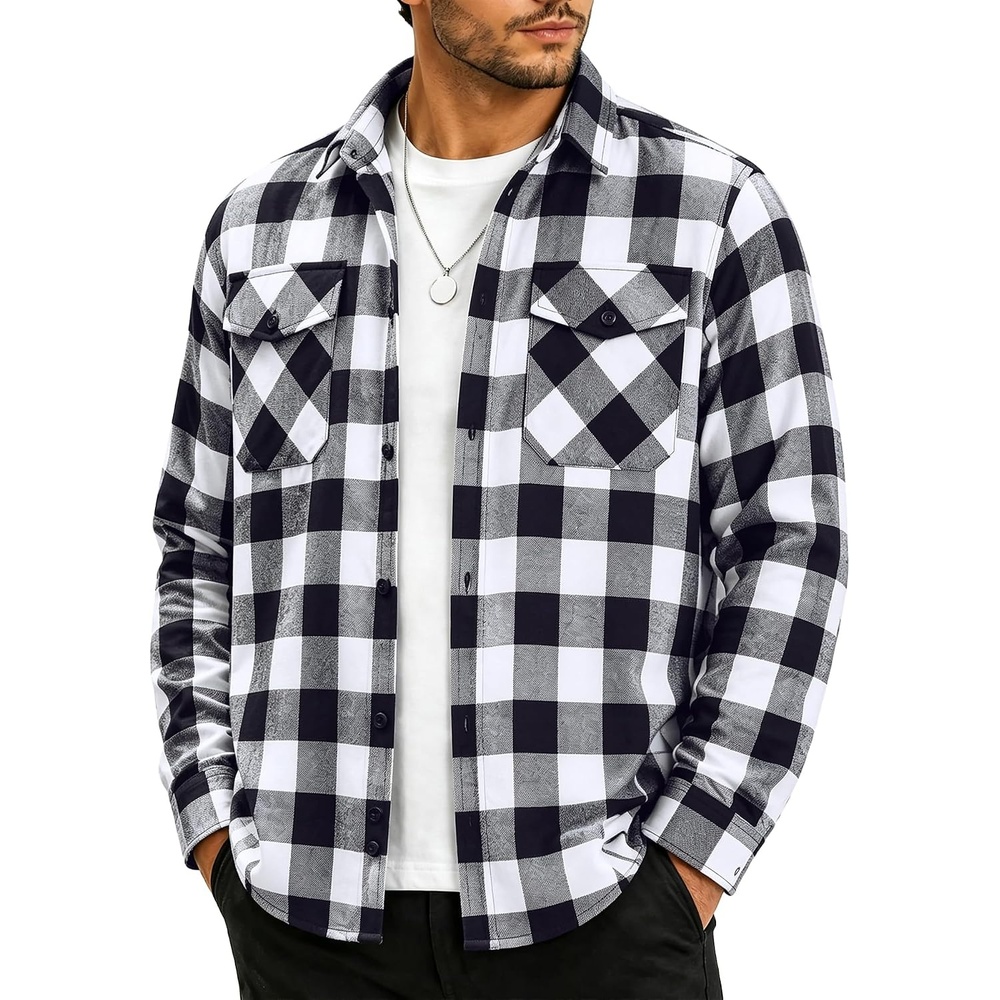 image:imageZITY Mens Flannel Shirt Long Sleeve Plaid Shirt with Pocket ShirtsOne Whiteblack