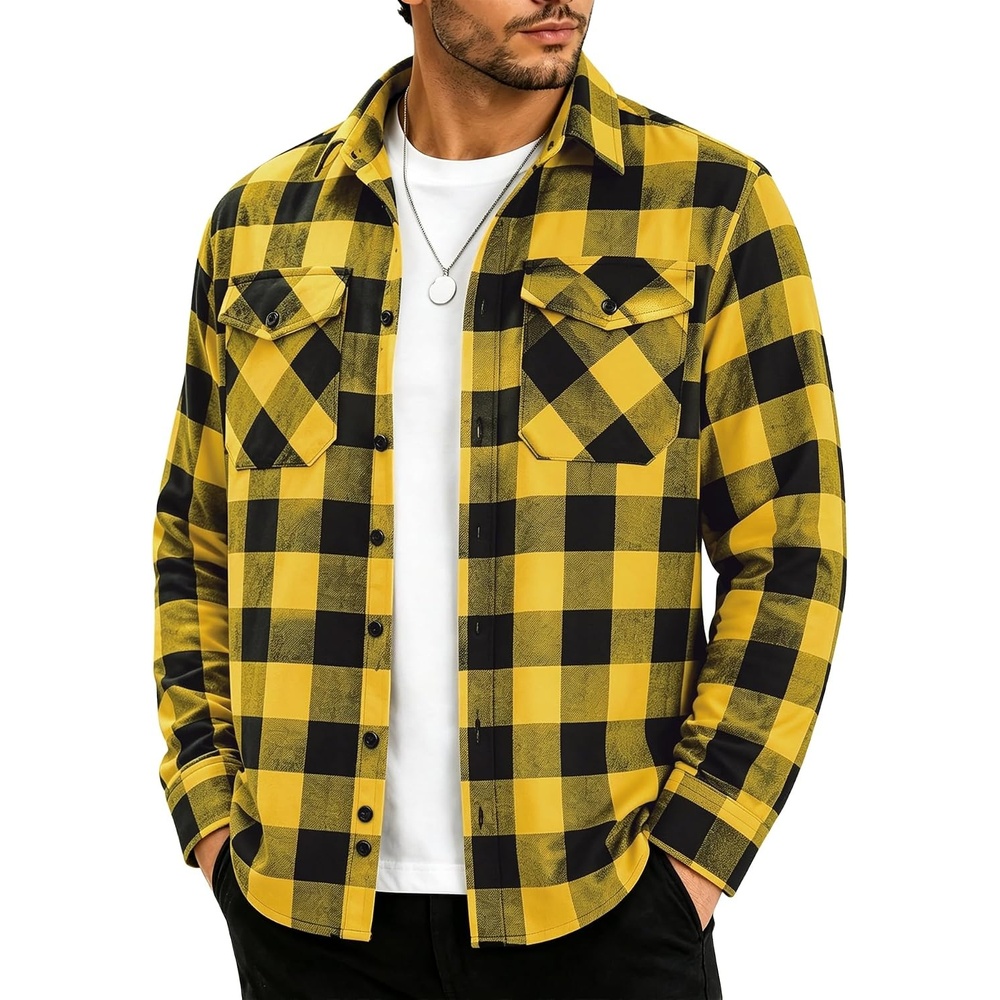 image:imageZITY Mens Flannel Shirt Long Sleeve Plaid Shirt with Pocket ShirtsOne Yellow