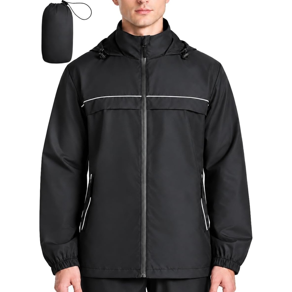 image:imageZITY Mens Waterproof Rain Jacket Windbreaker Raincoat Hooded amp MeshLinedBlack