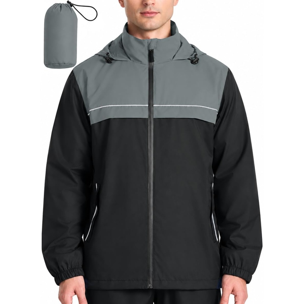image:imageZITY Mens Waterproof Rain Jacket Windbreaker Raincoat Hooded amp MeshLinedBlackGrey
